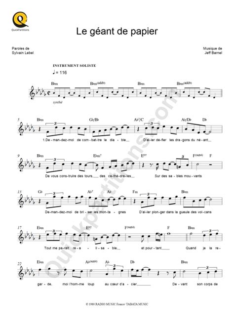 Le Géant De Papier Leadsheet Sheet Music From Jean Jacques Lafon