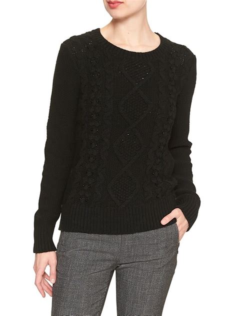 Embellished Cotton Cable Crew Sweater Banana Republic Factory