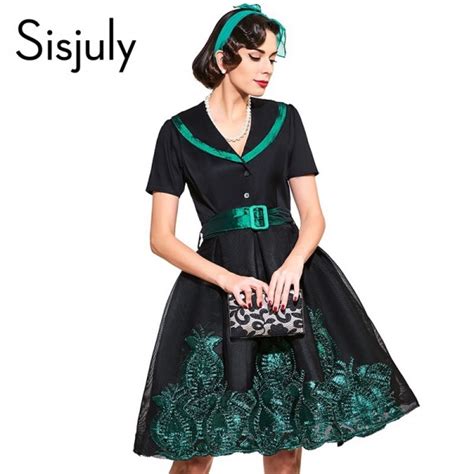 Sisjuly Vintage Dresses S Style Black Print Floral Short Sleeve Women Party Dress