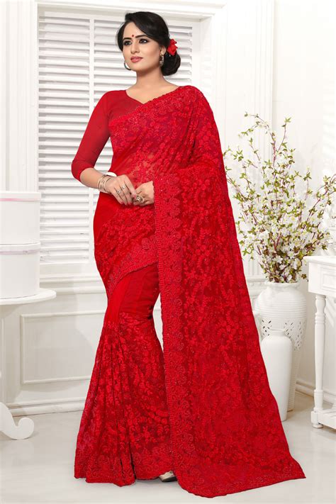 Buy Embroidery Work On Red Net Fabric Party Wear Saree With Designer