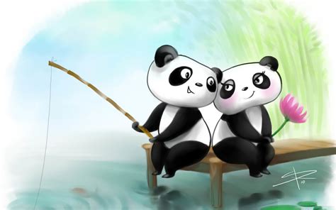 Free Download Animated Fishing Pandas Couple Romantic Hd Photo