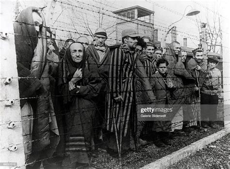 Survivors Of Auschwitz Behind A Barbed Wire Fence Poland February