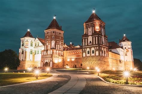 Mir Belarus Mir Castle Complex In Evening Night Illumination Lighting