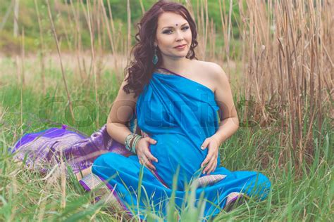 Pregnant Indian Girl Is Wearing Blue Sari Stock Image Colourbox