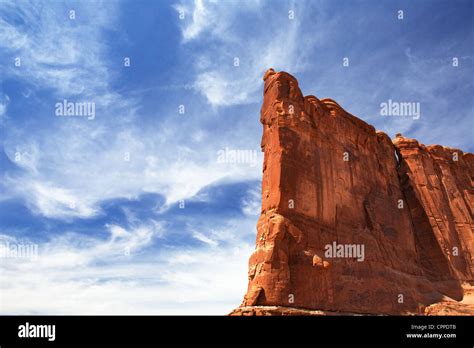 Courthouse Towers Ridge In Arches National Park With Dramatic Blue Sky