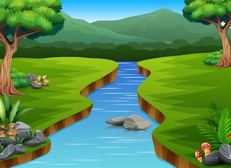 Premium Vector River Cartoons In The Middle Beautiful Natural Scenery