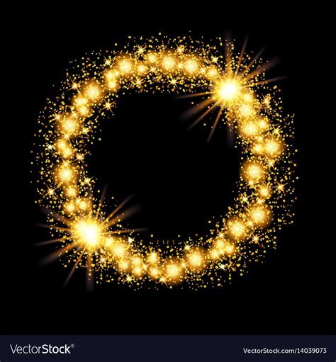 Gold Glow Glitter Circle Frame With Stars On Black