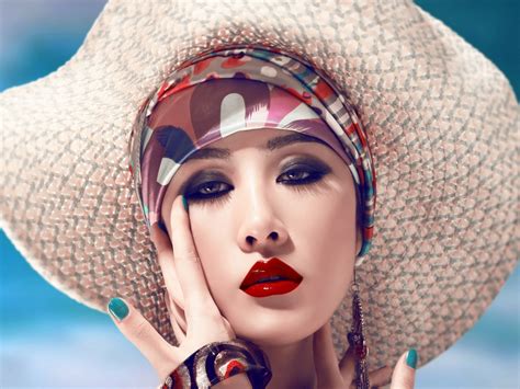 Wallpaper Face Model Red Hat Makeup Photography Blue Fashion Spring Skin Clothing