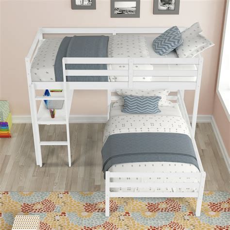 Twin Over Twin L Shaped Bunk Bed With Desk For Kids Solid Wood