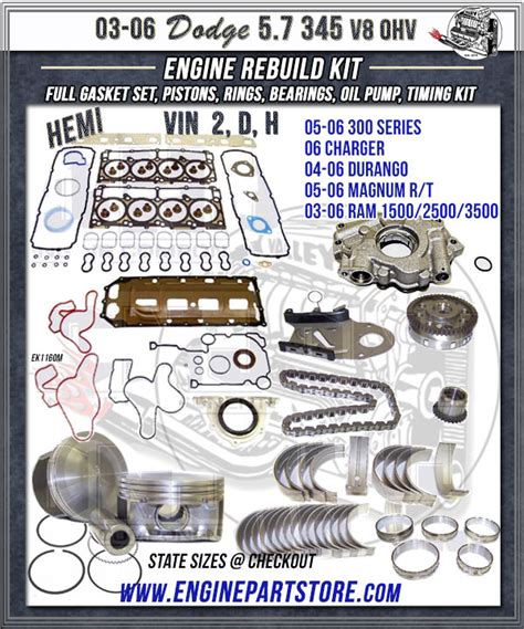 03 06 Dodge Hemi 57 V8 Engine Rebuild Kit 2 D H
