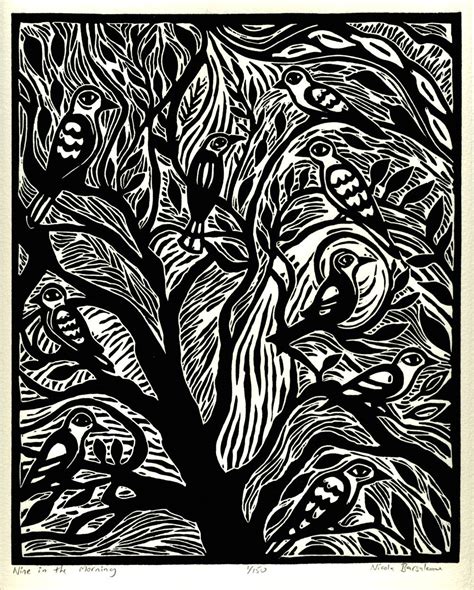 Linocut Birds In A Tree Linocut Linocut Prints Linocut Art