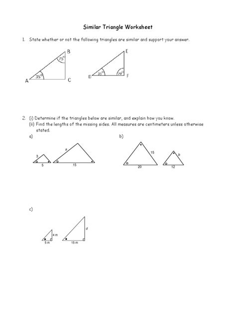 They are not congruent triangles, since they are not identical. Similar Triangles Worksheet