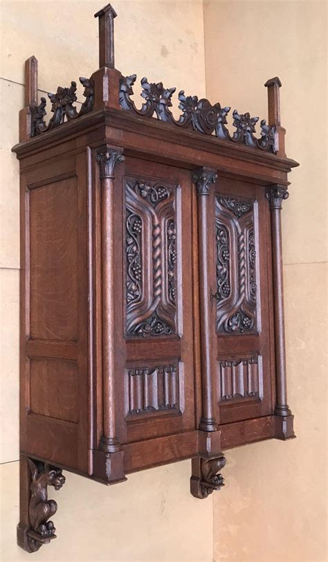 Antique Gothic Revival Hand Carved Oak Wall Cabinet With Gargoyles