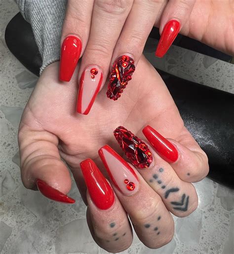 33 bold ideas for red coffin nails with diamonds nail designs daily