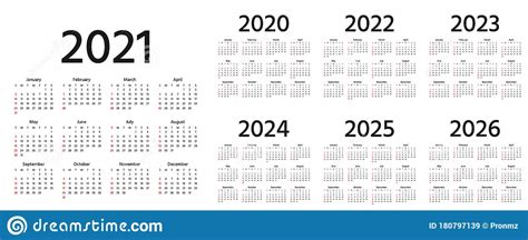 Calendar 2021 2022 2023 2024 2025 2026 2020 Years Vector Illustration