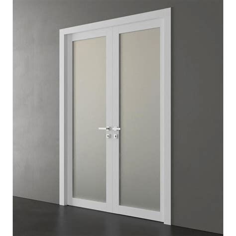 French Double Frosted Glass Doors 48 X 96 Planum 2102 White Silk Frames Trims Satin Nick