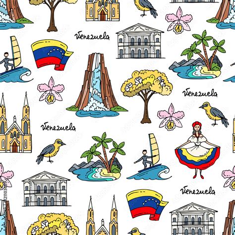 Vector Seamless Pattern With Hand Drawn Colored Symbols Of Venezuela