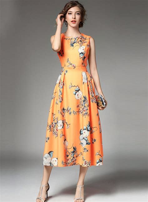 Womens Fashion Sleeveless Floral A Line Midi Party Dress