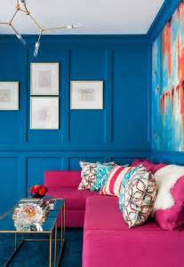 Blue Paneled Living Room With Hot Pink Sofa Contemporary Living Room