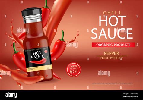 Hot Chilli Sauce Vector Realistic With Splash Product Placement Mock Up Bottle Label Design