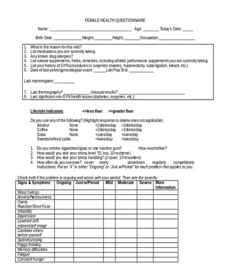 Free 10 Sample Health Questionnaire Forms In Pdf Ms Word