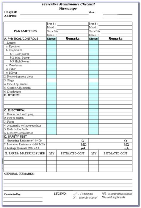 Equipment Preventive Maintenance Checklist Template