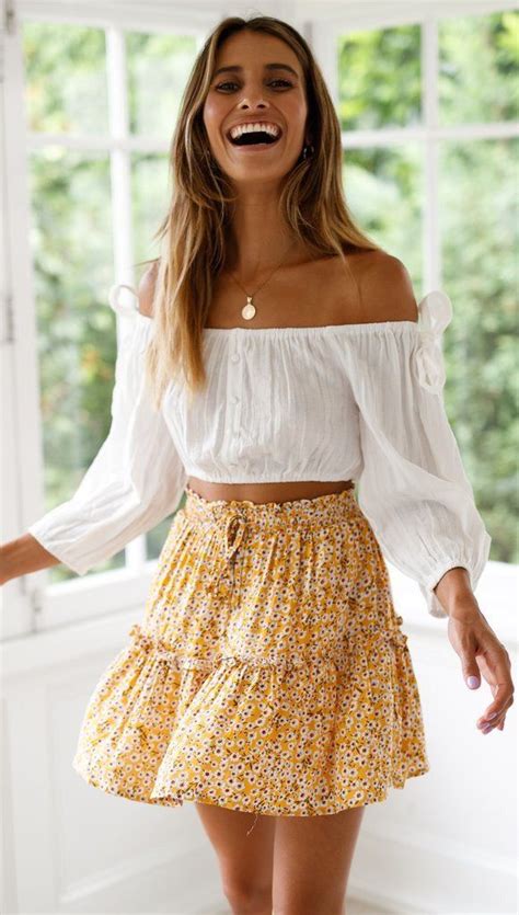 White Off The Shoulder Top And Yellow Floral Skirt Perfect Summer