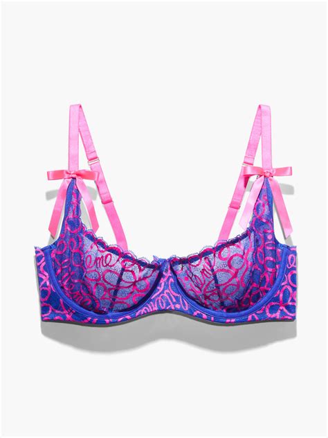 Ribbon Writing Unlined Lace Quarter Cup Bra In Blue And Multi And Pink Savage X Fenty Uk United