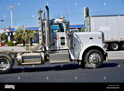 Long Haul Semi Trucks Parked At Truck Stop Stock Photo Alamy
