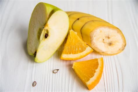 Sliced Apple Orange And Banana On White Stock Image Image Of