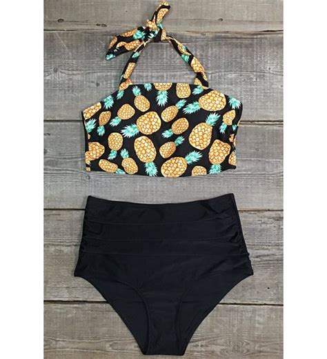 fashion women s pineapple printing high waisted halter padding bikini set cz12iuim13t
