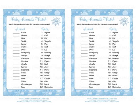 Baby Animals Match Baby Shower Game Winter Baby Shower Theme For Baby