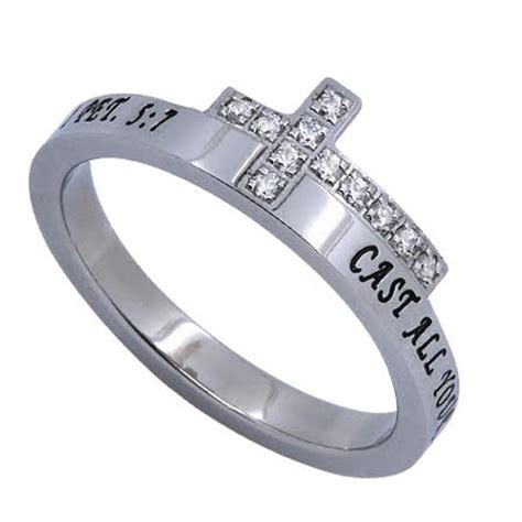 Care Engraved Bible Verse Sideways Cross Ring With Cz Stainless Steel