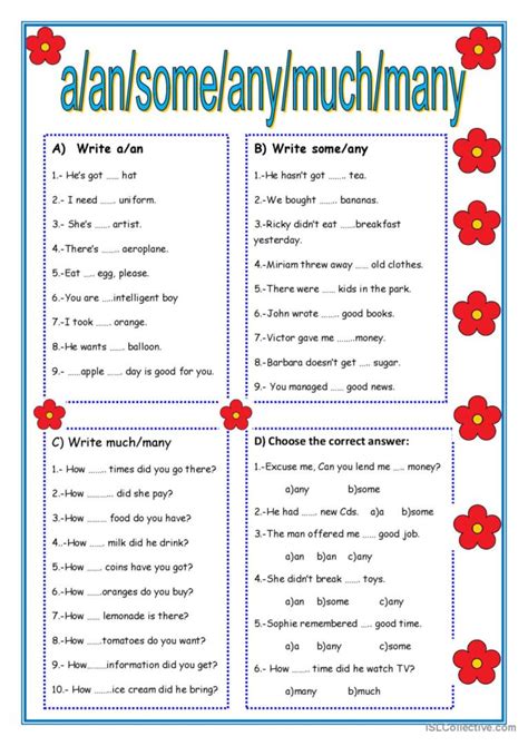 A AN SOME ANY MUCH MANY English ESL Worksheets Pdf Doc