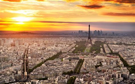France Paris City Eiffel Tower Sky Clouds Sunset Wallpaper