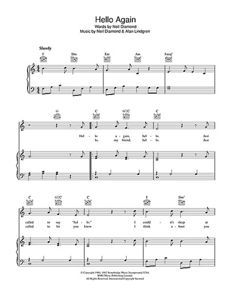 Hello Again Piano Vocal And Guitar Right Hand Melody Sheet Music