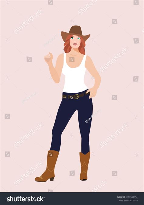 Beautiful Western Cowgirl Poses Pink Background Stock Vector Royalty