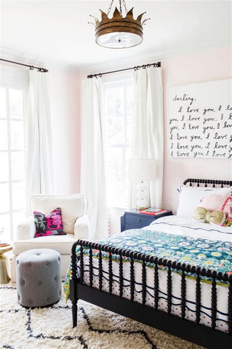 Exquisite pink teen girls' room in pink sports a multitude of plush textures. Pink Transitional Girl's Bedroom With Crown Light | HGTV