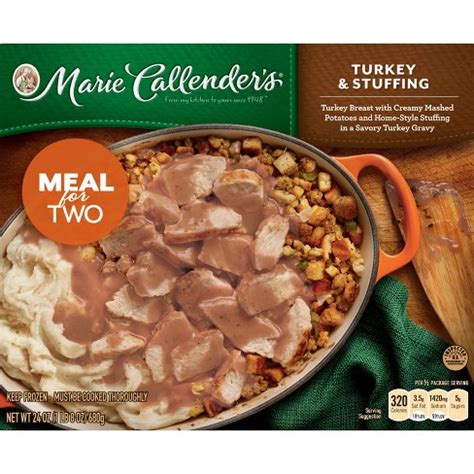 570 calories, 26 g fat (10 g saturated fat, 0 g trans fat), 1,320 mg sodium, 60 g carbs (8 g fiber, 9 g sugar), 25 g protein this pasta dish is packed with meatballs and italian sausage, creating a meal that is teetering on the line of being too high in protein and again, is a sodium bomb. Marie Callender's Meal For Two Frozen Turkey & Stuffing ...