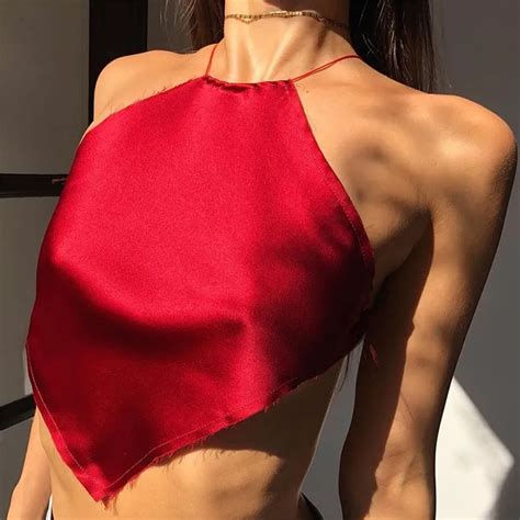 Women S Satin Chinese Bellyband Backless Halter Spaghetti Strap Crop Top Camis Sexy Bandeau Boob