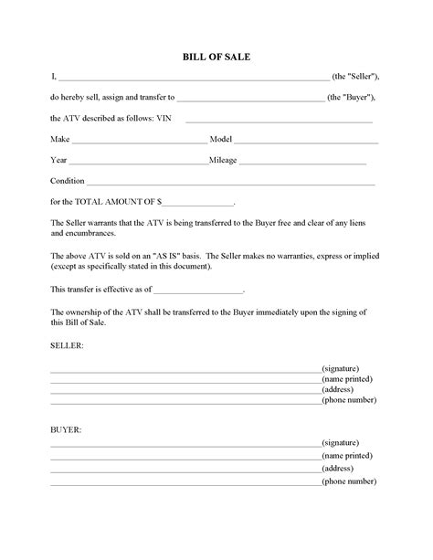 Atv Bill Of Sale Form Free Printable Legal Forms