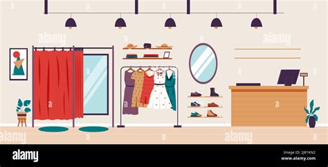 Showroom Interior Cartoon Fashion Boutique With Women Clothes And Shoes Checkout And Dressing
