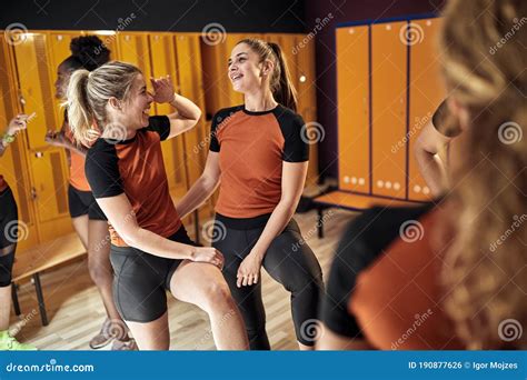 Sporty Woman In Locker Room Happy Girls After Training Stock Photo
