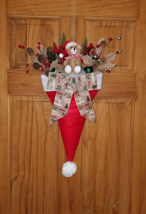Christmas Holiday Upside Down Santa Hat Door Decor Wreath Teddy