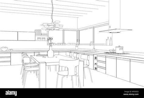 Interior Design Modern Kitchen Drawing Plan Stock Photo Alamy