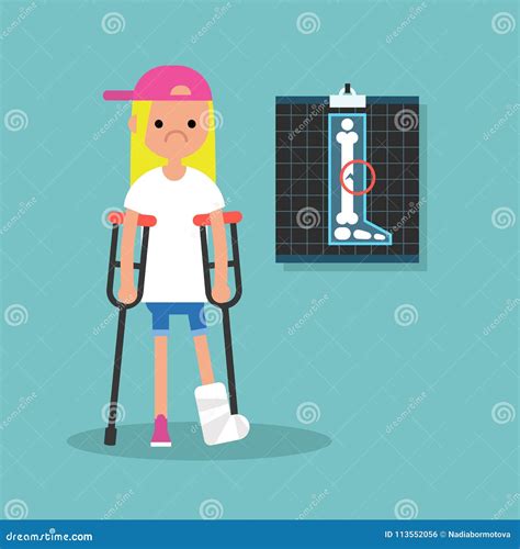 Girl On Crutches With A Broken Leg Cartoon Vector