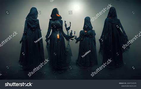 Gloomy Dramatic Background Witches Black Cloaks Stock Illustration