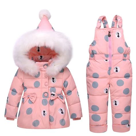 Baby Girl Winter Clothes Sets Hooded Down Jacket Bow Print Overalls