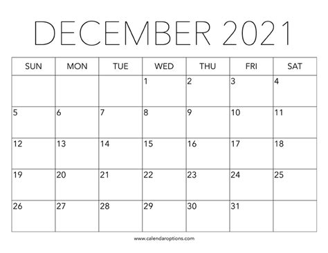 Printable December 2021 Calendar Calendar Options