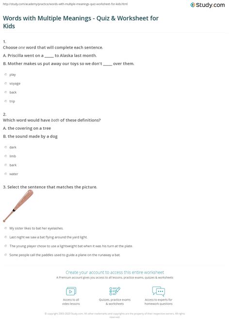 Words With Multiple Meanings Quiz And Worksheet For Kids